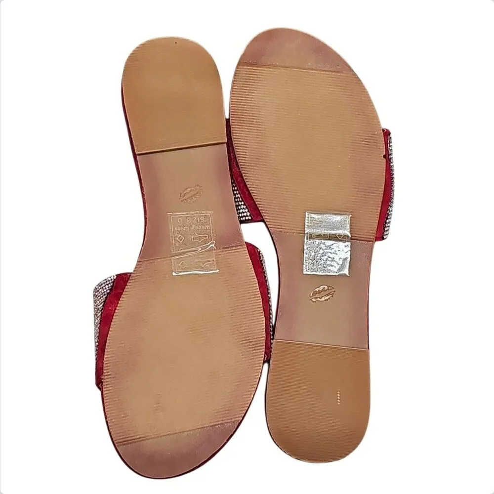 Womens Wine Rhinestone Flat Slide Sandals